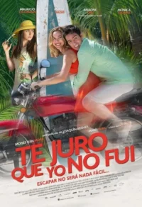 Homem e mulher sorrindo numa moto vermelha em fuga, em cenário tropical. Outra mulher de chapéu os observa com expressão de choque.