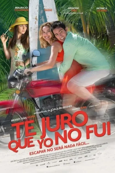 Homem e mulher sorrindo numa moto vermelha em fuga, em cenário tropical. Outra mulher de chapéu os observa com expressão de choque.