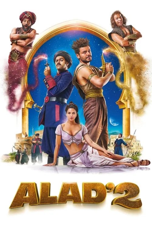 The Brand New Adventures of Aladdin 1 Mulher,três homens (dois gênios) em trajes orientais,arco dourado sobre cidade desértica noturna. Aventura fantástica.