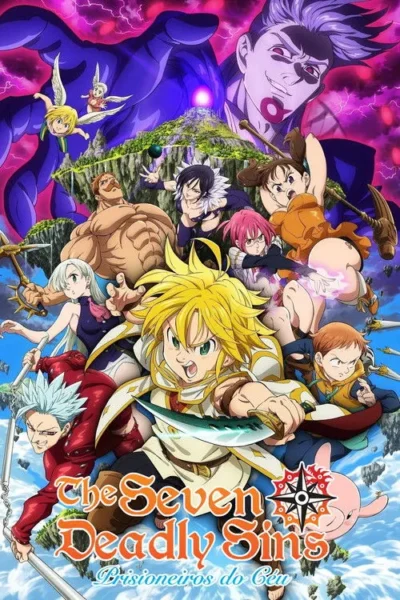 Pôster anime: grupo de heróis em ação, incluindo loiro com espada, contra vilões e monstro roxo. Cenário de ilhas flutuantes e céu tempestuoso.