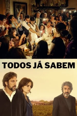 Pôster: acima, uma festa animada com um casal cortando bolo e convidados. Abaixo, três personagens sérios contra um vinhedo, sugerindo mistério.