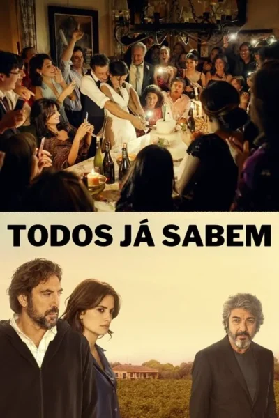 Pôster: acima, uma festa animada com um casal cortando bolo e convidados. Abaixo, três personagens sérios contra um vinhedo, sugerindo mistério.
