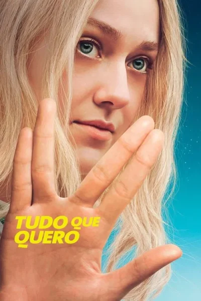 Pôster: Mulher loira de olhos claros em close, olhando para cima. Uma mão em primeiro plano faz a saudação vulcana. Fundo azul estrelado.