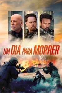 Pôster de ação:Três homens sérios,um careca e dois com barba. Abaixo,carro explodindo e policiais armados em rua com fumaça. Clima tenso.