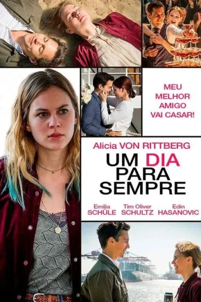 Mulher loira séria ao centro. Várias cenas mostram um homem, um casal feliz, abraços, celebração de casamento, e momentos de amizade e romance.