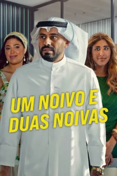Um homem de barba, em traje árabe branco, é ladeado por duas mulheres sorridentes. Fundo moderno, atmosfera leve e divertida.