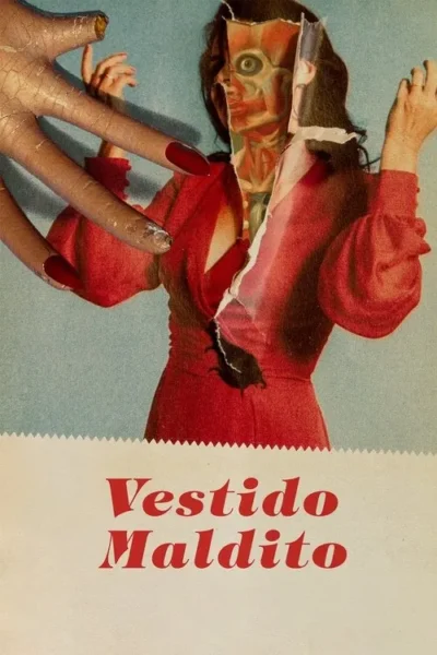 Pôster de terror surreal: mulher em vestido vermelho com rosto rasgado e anatomia exposta. Mão gigante com unhas vermelhas se aproxima.