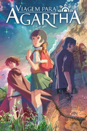 Pôster de anime. Uma garota com mochila, um rapaz de capa e um homem exploram ruínas antigas sob um céu estrelado e místico.