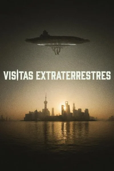 Nave escura flutua sobre uma metrópole futurista ao anoitecer, refletida na água. Cena dramática de ficção científica.