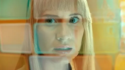 [TITULO_DO_FILME]:Loira com olhos arregalados,expressão de choque. Fundo digital de retângulos coloridos,clima futurista e intenso.