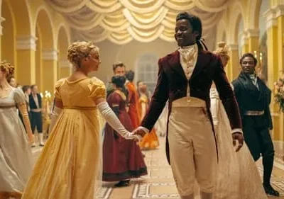 Bridgerton: Um homem negro e uma mulher branca sorriem enquanto dançam de mãos dadas num salão de baile regencial dourado, com outros convidados.