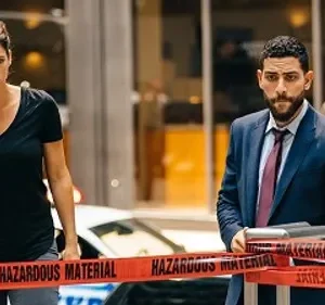 Pôster de FBI: Agentes sérios Maggie e Omar, atrás de fita HAZARDOUS MATERIAL em cena urbana, com clima tenso.