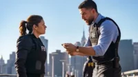 Agentes do FBI,uma mulher e um homem em coletes táticos,conversam seriamente em cenário urbano ensolarado,da série FBI.