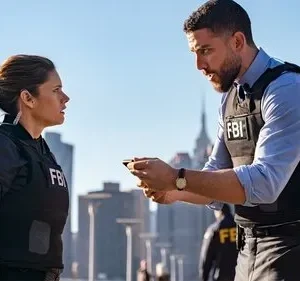Agentes do FBI, uma mulher e um homem em coletes táticos, conversam seriamente em cenário urbano ensolarado, da série FBI.