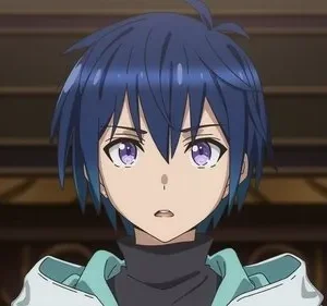 Personagem de anime com cabelo azul e olhos roxos, expressa surpresa. Veste moletom e gola alta escura. Pôster de série ou filme animado.