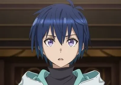 Personagem de anime com cabelo azul e olhos roxos, expressa surpresa. Veste moletom e gola alta escura. Pôster de série ou filme animado.