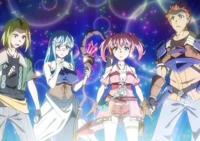 Pôster de Okaa-san Online: 4 aventureiros (Masato, Wise, Porta, Medhi) contra fundo mágico vibrante. Clima épico de fantasia.