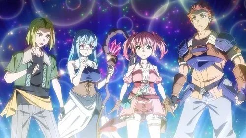 Scooped Up by an S-Rank Adventurer!– T01E02:Lloyd é recrutado. 1 Pôster de Okaa-san Online:4 aventureiros (Masato,Wise,Porta,Medhi) contra fundo mágico vibrante. Clima épico de fantasia.