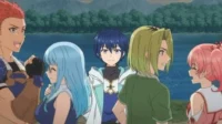 Scooped Up by an S-Rank Adventurer!– T01E03:Lloyd parte. 9 Pôster de Tearmoon Empire:5 personagens anime sorridentes,incluindo Sion,em uma paisagem lacustre e florestal. Clima amigável e de aventura.