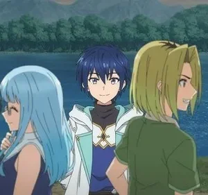 Pôster de Tearmoon Empire: 5 personagens anime sorridentes, incluindo Sion, em uma paisagem lacustre e florestal. Clima amigável e de aventura.