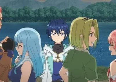 Pôster de Tearmoon Empire: 5 personagens anime sorridentes, incluindo Sion, em uma paisagem lacustre e florestal. Clima amigável e de aventura.