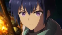 Um personagem anime de [Nome da Série/Filme] com cabelo azul e olhos roxos,olhar determinado. Fogo brilha ao fundo na noite escura,criando um clima intenso.