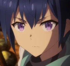 Um personagem anime de [Nome da Série/Filme] com cabelo azul e olhos roxos, olhar determinado. Fogo brilha ao fundo na noite escura, criando um clima intenso.