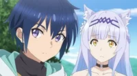Scooped Up by an S-Rank Adventurer!– T01E05:Lloyd resgata. 7 Pôster de Tsukimichi -Moonlit Fantasy-. Makoto,cabelo azul,e Tomoe,orelhas de gato,com expressões pensativas,em cenário natural.