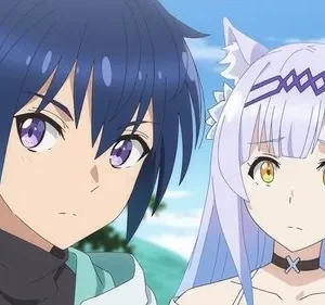 Pôster de Tsukimichi -Moonlit Fantasy-. Makoto, cabelo azul, e Tomoe, orelhas de gato, com expressões pensativas, em cenário natural.
