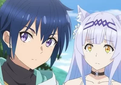 Pôster de Tsukimichi -Moonlit Fantasy-. Makoto, cabelo azul, e Tomoe, orelhas de gato, com expressões pensativas, em cenário natural.