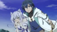 Scooped Up by an S-Rank Adventurer!– T01E07:Lloyd salva Ishtar. 5 Kazuya Souma e Tomoe Inui de How a Realist Hero Rebuilt the Kingdom. Ele olha sério,protegendo a garota assustada de orelhas de gato sob um céu azul.