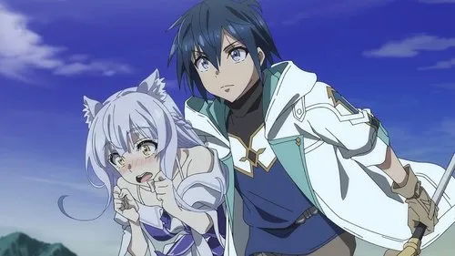 Kazuya Souma e Tomoe Inui de How a Realist Hero Rebuilt the Kingdom. Ele olha sério,protegendo a garota assustada de orelhas de gato sob um céu azul.