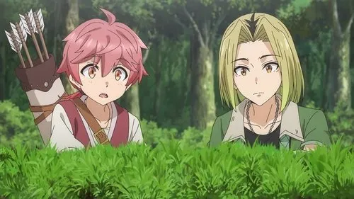 Scooped Up by an S-Rank Adventurer!– T01E09:Lloyd e os aventureiros de Rank S fazem o seu melhor. 1 Pôster de anime:Dois jovens espreitam da relva num bosque. Arqueiro de cabelo rosa está surpreso;um companheiro loiro observa com seriedade.