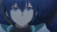 Scooped Up by an S-Rank Adventurer!– T01E11:Lloyd voa!2 Pôster de The Eminence in Shadow mostra Cid Kagenou sério. Cabelo azul e olhos roxos brilhantes em ambiente escuro. Clima misterioso.