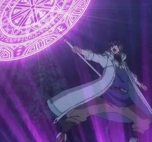 Pôster anime: Um jovem mago em casaco branco lança um feitiço roxo intenso com um círculo mágico brilhante. Cena de ação mágica.