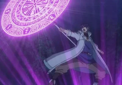 Pôster anime: Um jovem mago em casaco branco lança um feitiço roxo intenso com um círculo mágico brilhante. Cena de ação mágica.